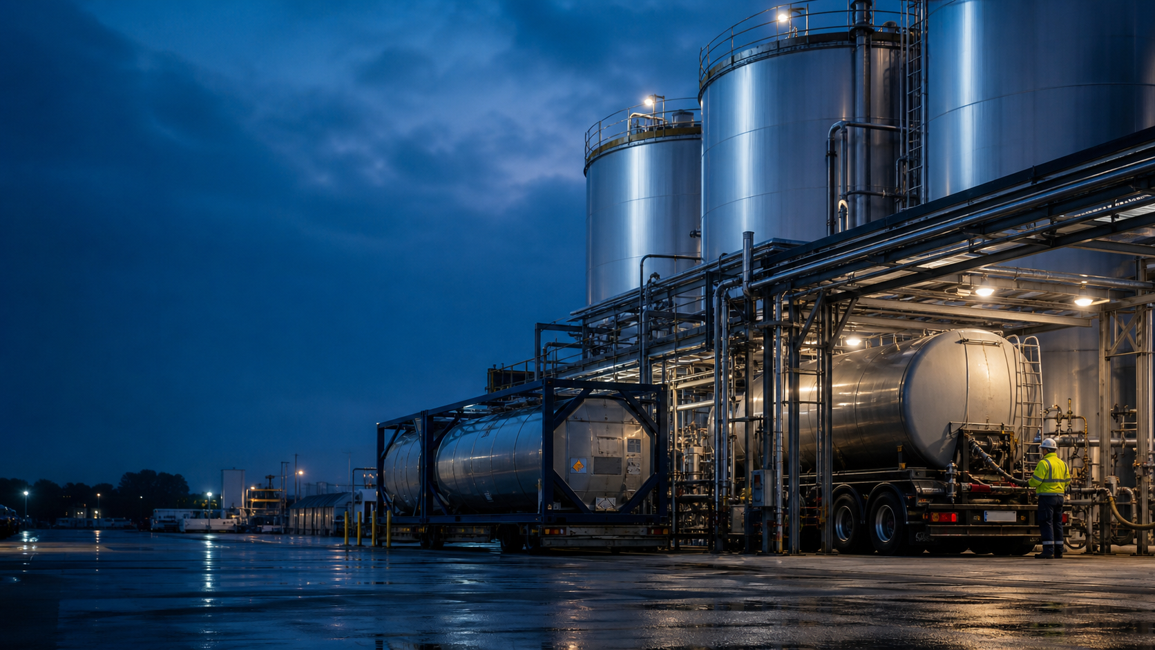 Chemical storage tanks and tanker loading operation at an industrial facility